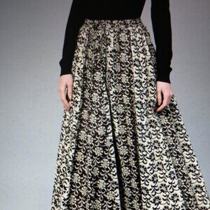 Black & Beige Printed Flared Pure Cotton Maxi Skirt Size L
